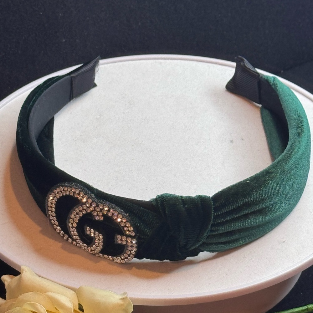 Green Velvet Rhinestone Headband - Picture 3 of 9